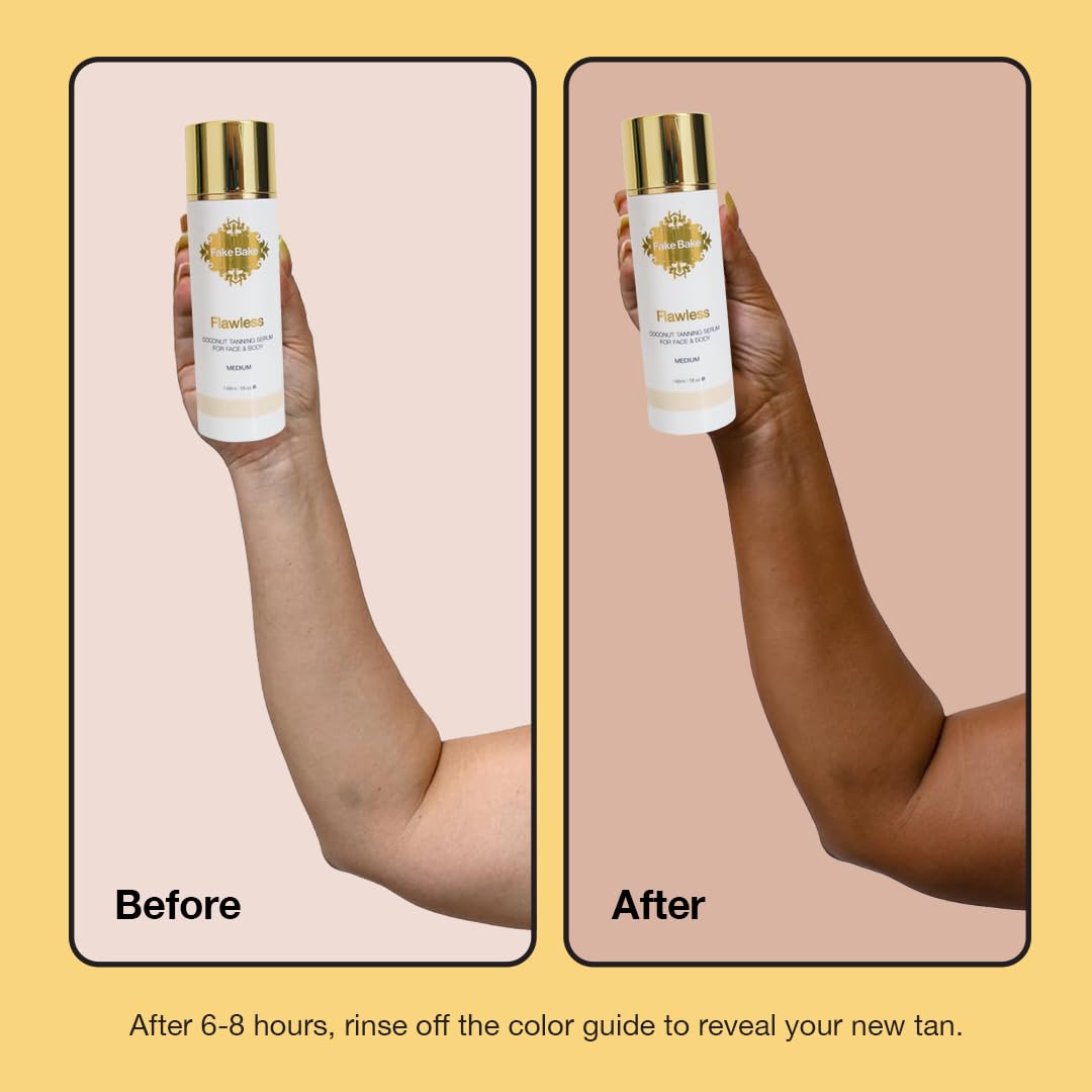 Fake Bake Flawless Coconut Sunless Tanning Serum with Hyaluronic Acid Lightweight Illuminating Face & Body Gradual Self Tanner - Hydrating & Rejuvenating Skin Care for Women & Men - 5 oz