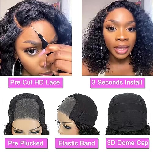 Wear and Go Glueless Wigs Human Hair Pre Plucked Pre Cut Lace Front Wigs for Black Women 180 Density Water Wave Bob Wig Human Hair Curly Wig (14 Inch)