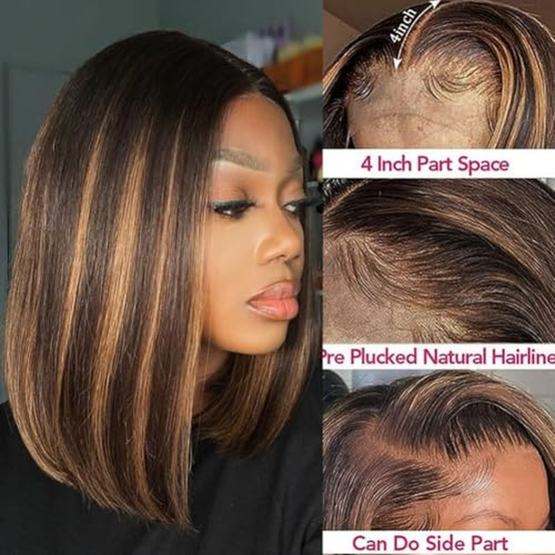 Stylish Highlight Bob Wig 1b30 Human Hair 13x4 Frontal Lace Preplucked Colored Bob Wigs Transparent Lace Short Style Bobbing Wig (13X4 1b30 BOB, 14 INCH)