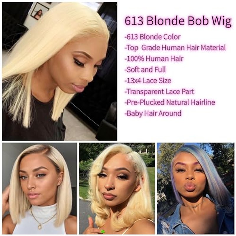 613 Blonde Bob Wig 180% Density 13x4 Lace Front Wigs Human Hair HD Transparent Lace Pre-plucked Bleached Knots Lace Front Wig With Baby Hair Straight Lace Front Wigs (12inch, #613 platinum blonde)