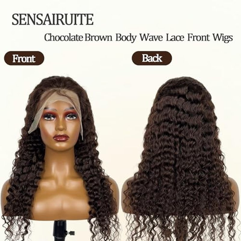 Chocolate Brown Deep Wave Lace Front Wigs Human Hair 13x4#4 Curly Lace Front Wig Human Hair 180% Density HD Transparent Glueless Lace Frontal Wigs Pre Plucked 26 Inch