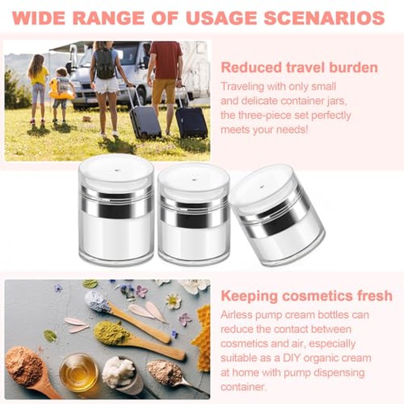 Airless Pump Jars, Refillable Cosmetic Moisturizer Airless Pump Jar 3 Pack Bottles Travel Size for Cream, Gels and Lotion with Silicone Spatula 0.5oz 1oz 1.7oz