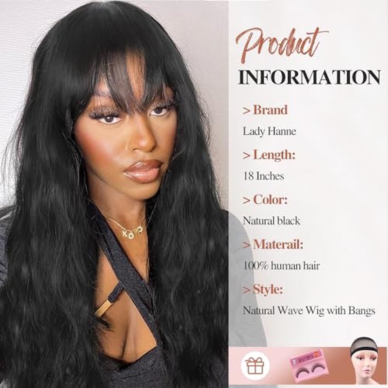 Human Hair Wigs Natural Wave Human Hair Wig with Bangs for Black Women 18 inches None Lace Front Wear and Go Glueless Human Hair Wig