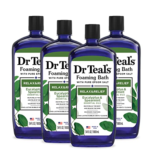 Dr Teal's Foaming Bath with Pure Epsom Salt, Relax & Relief with Eucalyptus & Spearmint, 34 fl oz (Pack of 4)