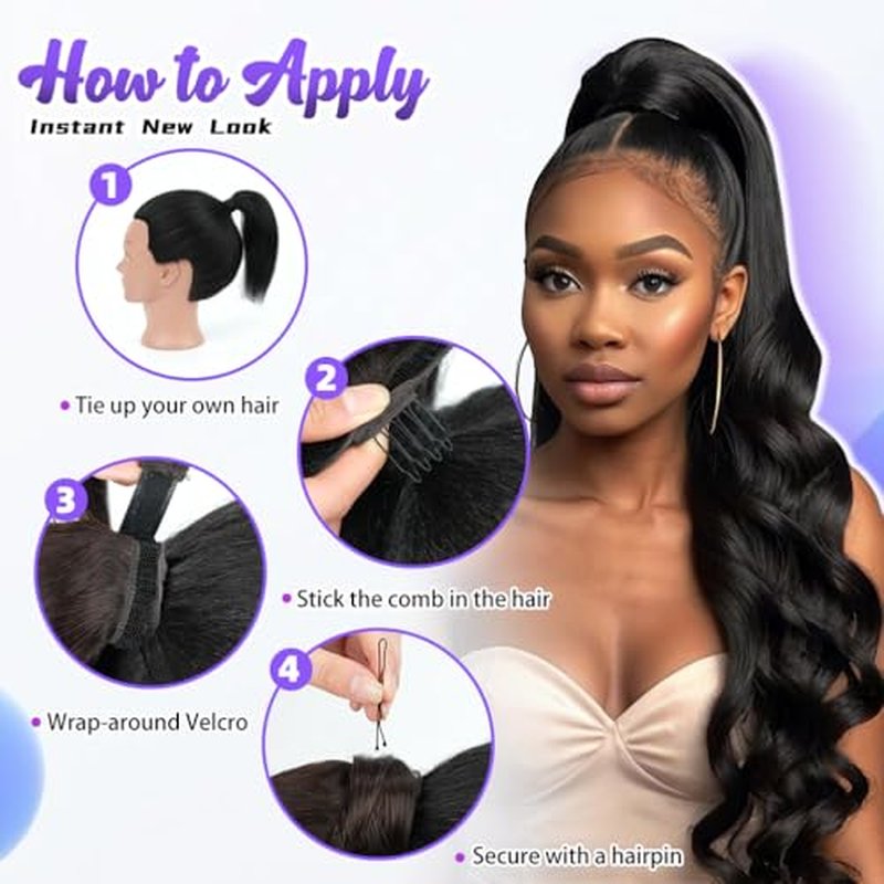 22 Inch Human Hair Ponytail 90g Long Wrap Around Ponytail Natural Black Real Hair Ponytail Extension for Women(22inch,Natural Black)