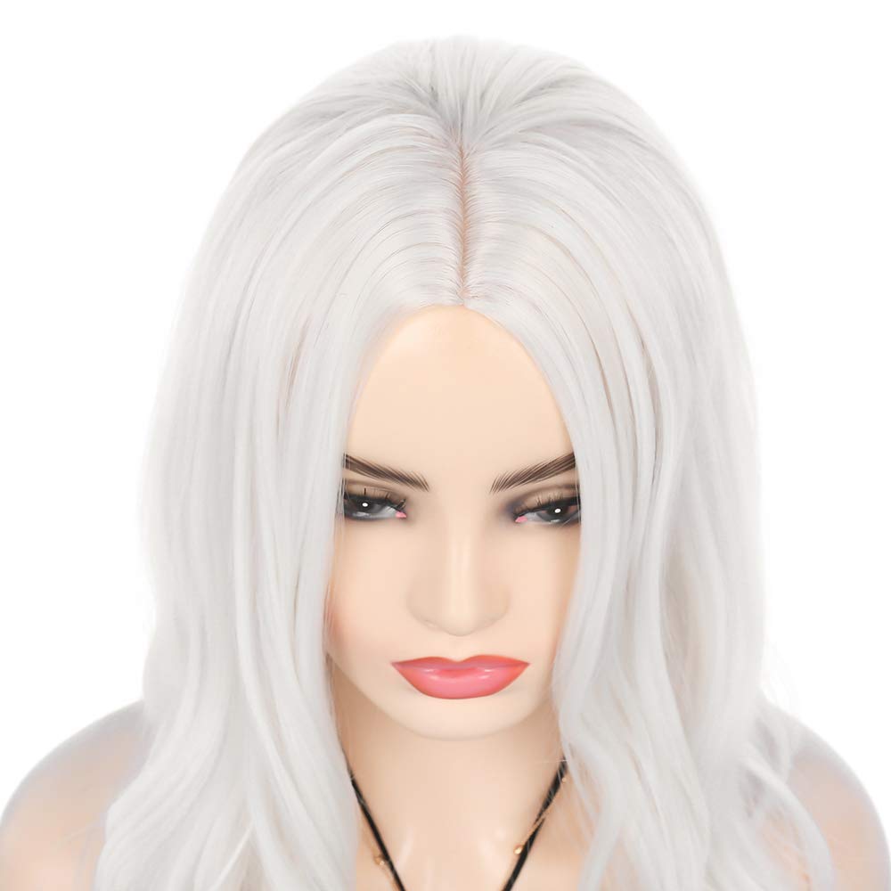 RicHyun Long Curly Wavy White Wig Middle Part Cosplay Wig Synthetic Heat Resistant Costume Halloween Wigs for Women Girls