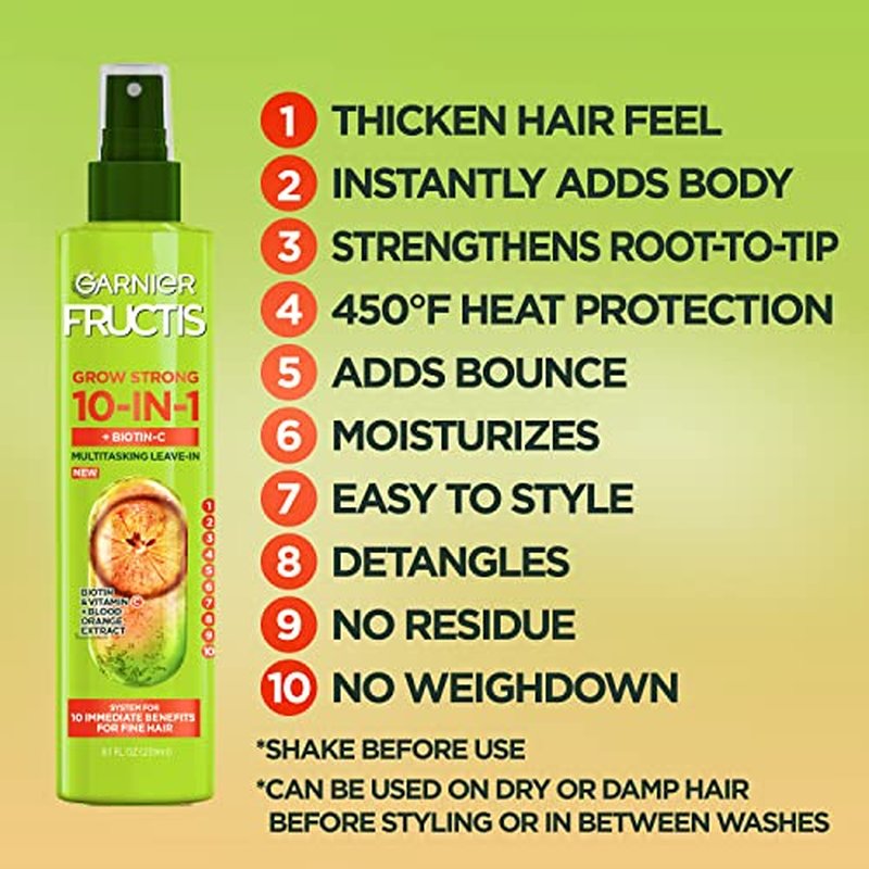 Garnier Fructis Grow Strong Thickening 10-in-1 Spray, Biotin-C, 8.1 Fl Oz, 1 Count (Packaging May Vary)
