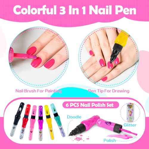 Kids Nail Polish Set for Girls,Kids Nail Art Kit for Girls Ages 7-12 Years Old Cool Girly Gifts with Nail Polish, Pen, Nail Dryer, Stickers, Glitter, Makeup Gift for Birthday