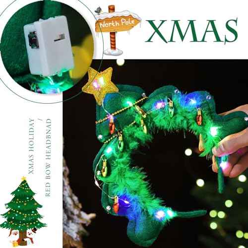 Olbye Light Up Christmas Headbands LED Christmas Tree Hairbands Glow Hair Hoop Star Xmas Costume Headpiece Festival Headwear Holiday Party Hair Accessories for Women