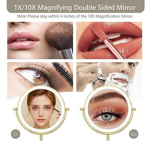 8" Lighted Makeup Mirror, 1X/10X Magnification, Double Sided Dimmable, Rechargeable & Height Adjustable, Cordless Vanity Mirror (Gold)