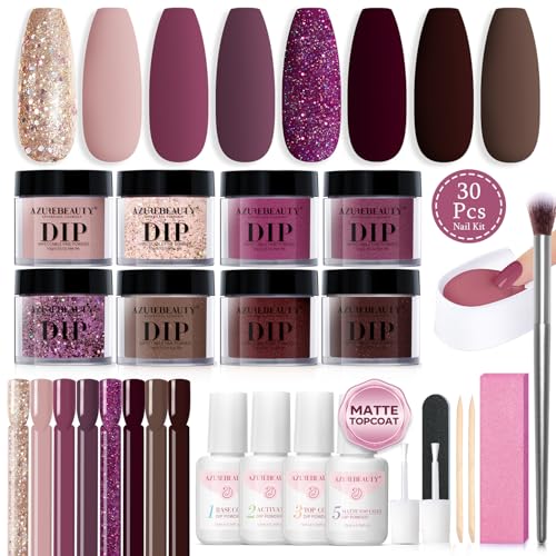 AZUREBEAUTY Dip Powder Nail Kit Starter Glitter Purple Nude Brown 8 Colors 30 Pcs with Nail Swatch Sticks, Dipping Powder Liquid Set Matte Top Coat for Fall Winter Nail Art Manicure Salon DIY Home