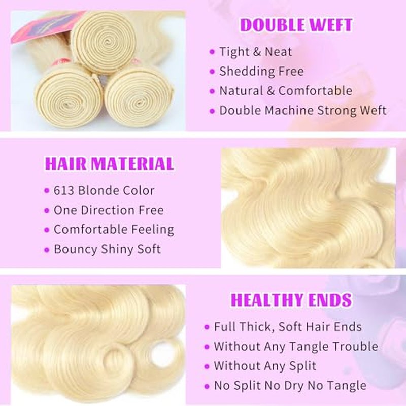 613 Bundles Blonde Bundles Human Hair Body Wave 16 18 20 Inch 100% Unprocessed 12A Grade Brazilian Virgin Hair 613 Body Wave Bundle Human Hair Extensions for Women