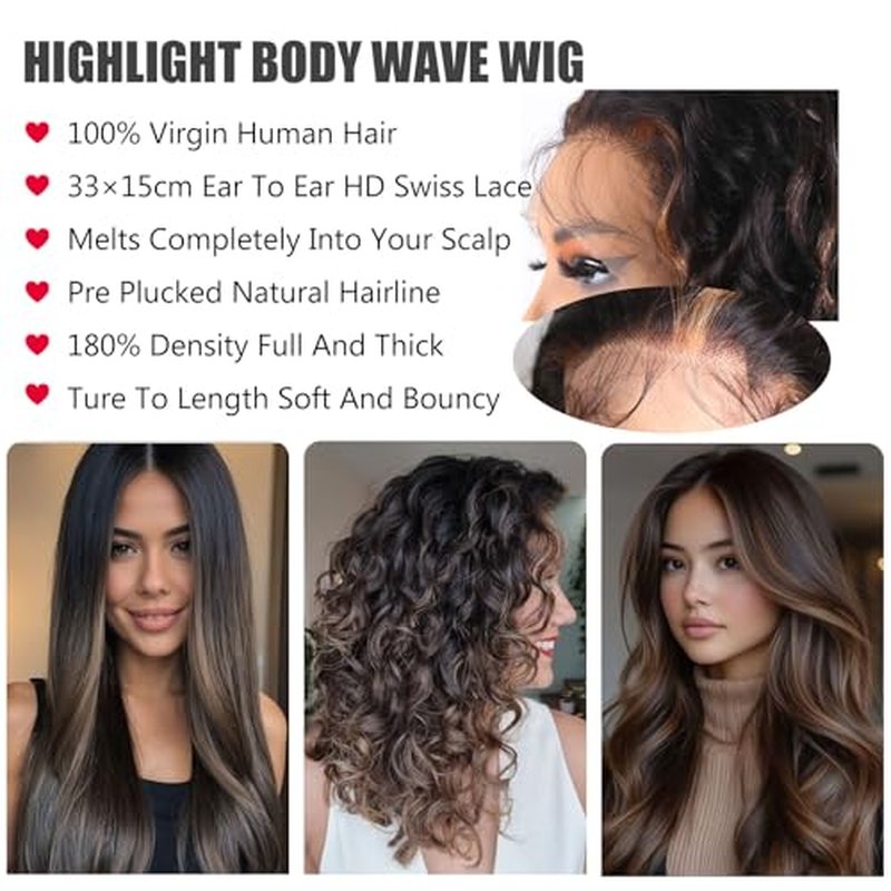 13x6 Lace Front Wigs Human Hair Balayage Highlight Ombre Body Wave Lace Front Wigs Human Hair Pre Plucked 180% Density HD Lace Glueless Wigs for Black Women 20 Inch FS1B/30