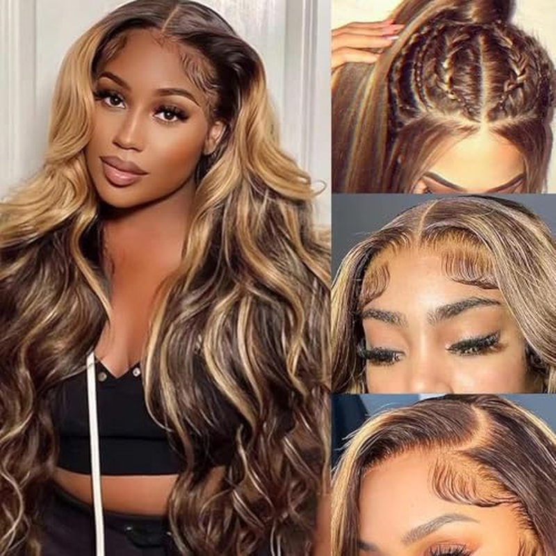 Honey Blonde Ombre Lace Front Wig Human Hair 13x4 HD Lace Front Wig 4/27 Highlight Ombre Body Wave Lace Frontal Glueless Wigs Pre Plucked with Baby Hair 28 Inch