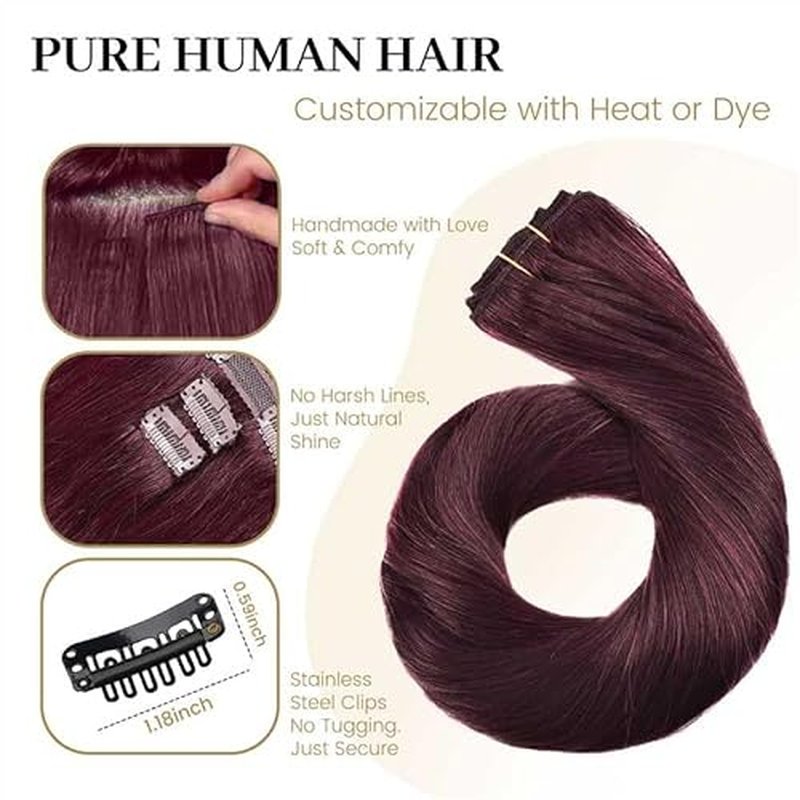 Jiameisi Clip in Hair Extensions Real Human Hair, 22inch Remy Human Hair Extensions Double Weft 120g 8pcs, Wine Red Straight Clip ins for Women, Ideal for Daily, Party, Wedding Looks #99j Burgundy
