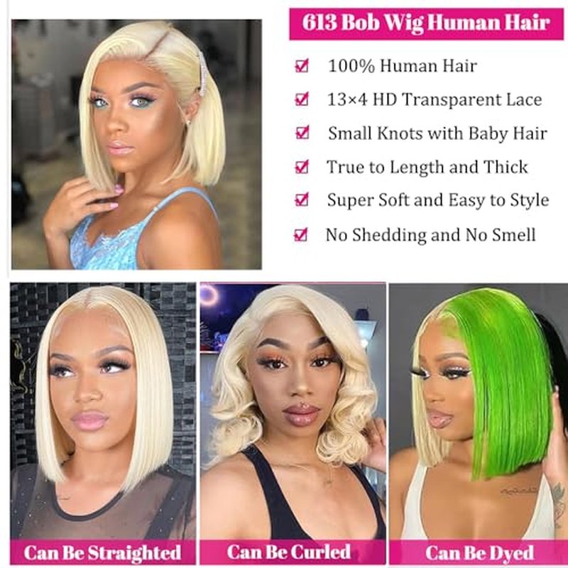 Belaved Blonde Bob Wigs Human Hair 13x4 Lace Front Pre Plucked 613 Blonde HD Frontal Lace Wig Glueless Wigs 180% Straight Density Short Bob Wigs for Black Women 8Inch