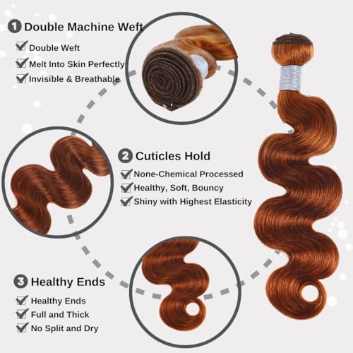 ALHER Reddish Brown Bundles Body Wave Human Hair 12A Brazilian Virgin Remy Wavy Hair 3 Bundles Auburn Brown Copper Red Colored Thick Sew In Weave 33B Color 10 12 14 Inch