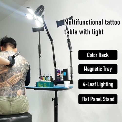 GBK Tattoo Workstation with LED Tattoo Light, Magnetic Tattoo Tray on Wheels,Salon Tray,Phone/Tablet Dual Stands,Tattoo Rolling Trolley for SalonTattoo Studio (Black)