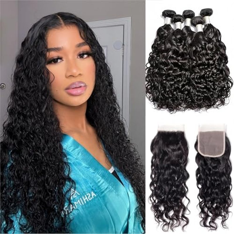 Human Hair 5Bundles with Lace Closure, Water Wave Bundles with Closure, Deep Curly Human Hair Bundles with Closure (18/18/18/18/18+18)