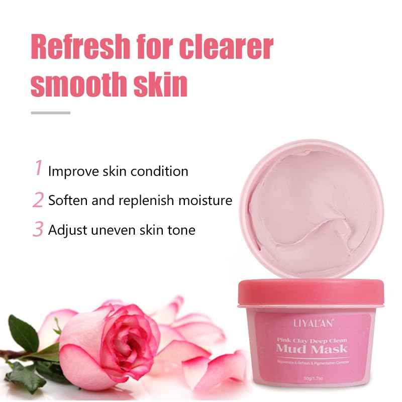 LIYALAN Face Clay Mask Set,Matcha Facial Mud,Eggplant Rose Face Skin Care, Turmeric Acne Facial Masks Gifts for Women, Deep Cleansing Pink 1.76 oz 4 pack