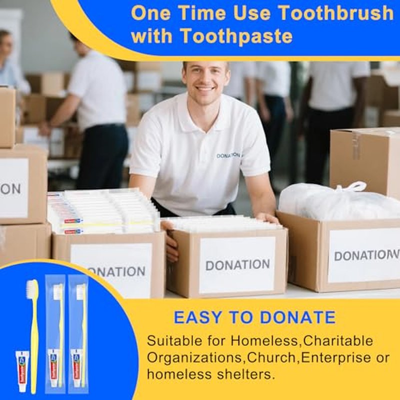 Yellow Disposable Toothbrushes with Toothpaste - Pack of 500,Individually Wrapped Single Use Travel Toothbrushes Kit Bulk for Homeless,Guests,Hotel,Dentist