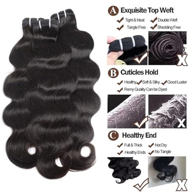 Glossy Human Hair Bundles Body Wave Bundles Human Hair 20 22 24 Inch 12A Grade 100% Unprocessed Brazilian Virgin Hair 3 Bundle Human Hair Extensions for Black Women Natural Color