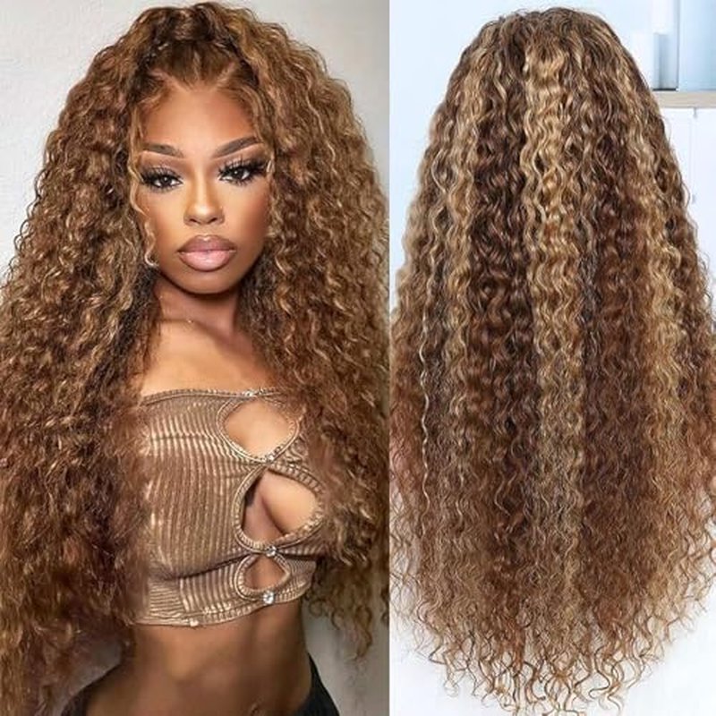 Ombre Lace Front Wig Human Hair 180% Density 4/27 Honey Blonde 13x6 Deep Wave Lace Front Wigs Wet and Wavy Curly Glueless Wigs Human Hair Pre Plucked with Baby Hair(Highlight, 24 Inch)