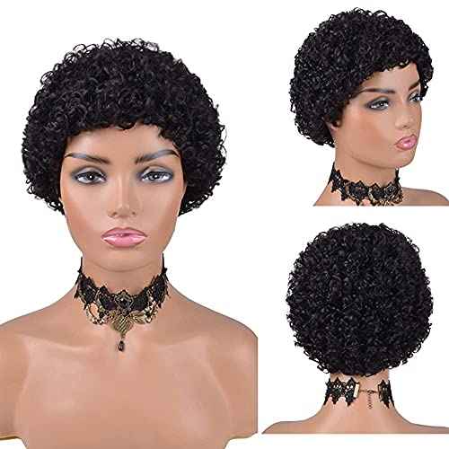 Star Flower Short Curly Wigs Human Hair Afro Kinky Curly Wig Pixie Cut Wig Human Hair 150% Density None Lace Front Black Wigs