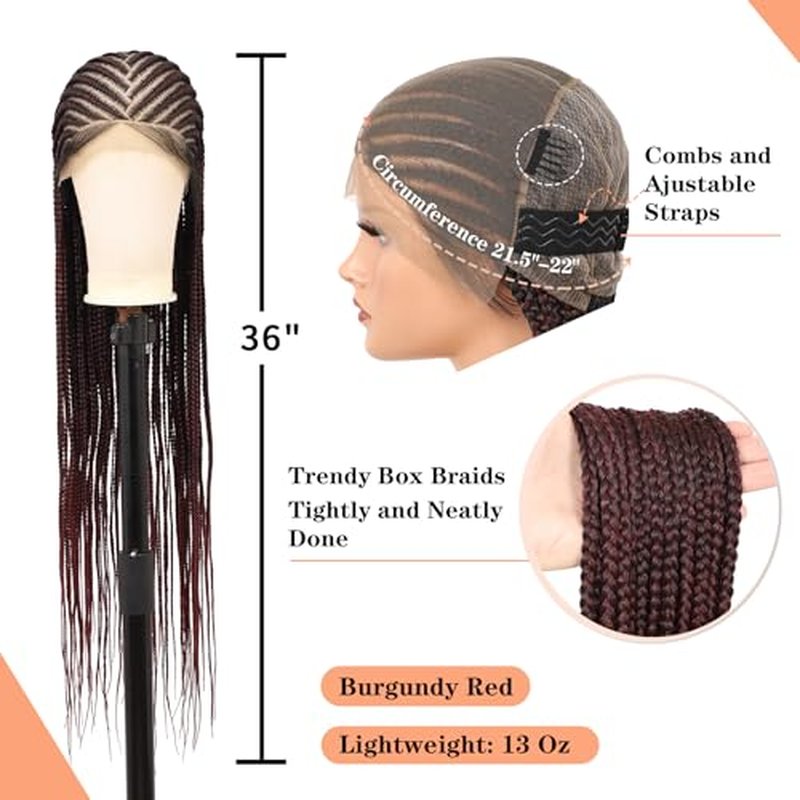 13X8 HD Lace Cornrow Braided Wigs for Women Braided Lace Front Wigs Middle Parted Box Braid Wig Synthetic Hair Full Lace Braided Wig Burgundy 36 Inch