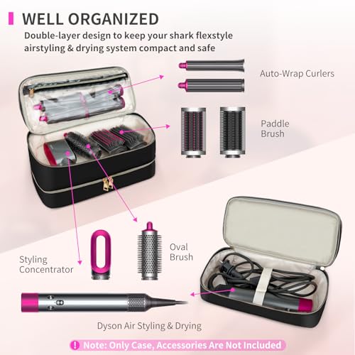 Double-Layer Water Resistant Travel Carrying Case for Hair Dryer/Shark Flexstyle/Dyson Airwrap and Hair Styler Attachments, Jet Black(Bag Only)