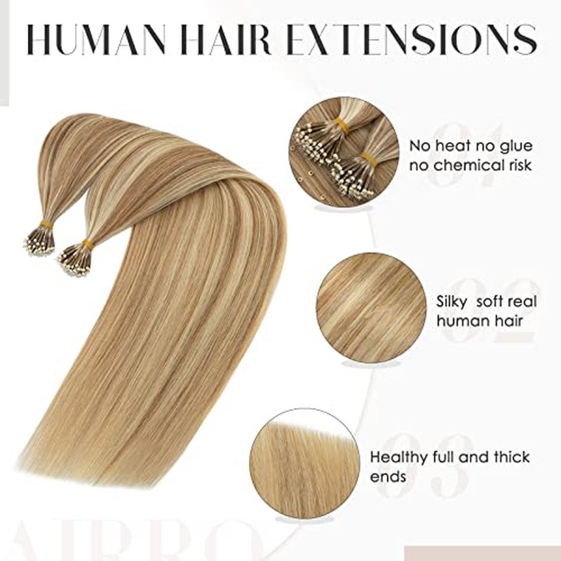 Hairro Bead Human Hair Extensions Microlink Nano Ring Cold Fushion Pre Bonded Keratin Nano tip Remy Hair For Women 24inch 50g/PACK 50 Strands #12P613 Golden Brown Highlight Bleach Blonde