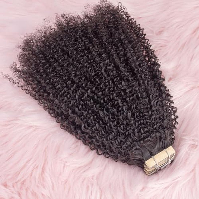 Invisible 4C Afro Kinky Curly Tape in Hair Extensions for Black Women Niawigs Black Color Real Human Hair Tape ins, 40PCS Double Sided PU Skin Weft 24 Inches