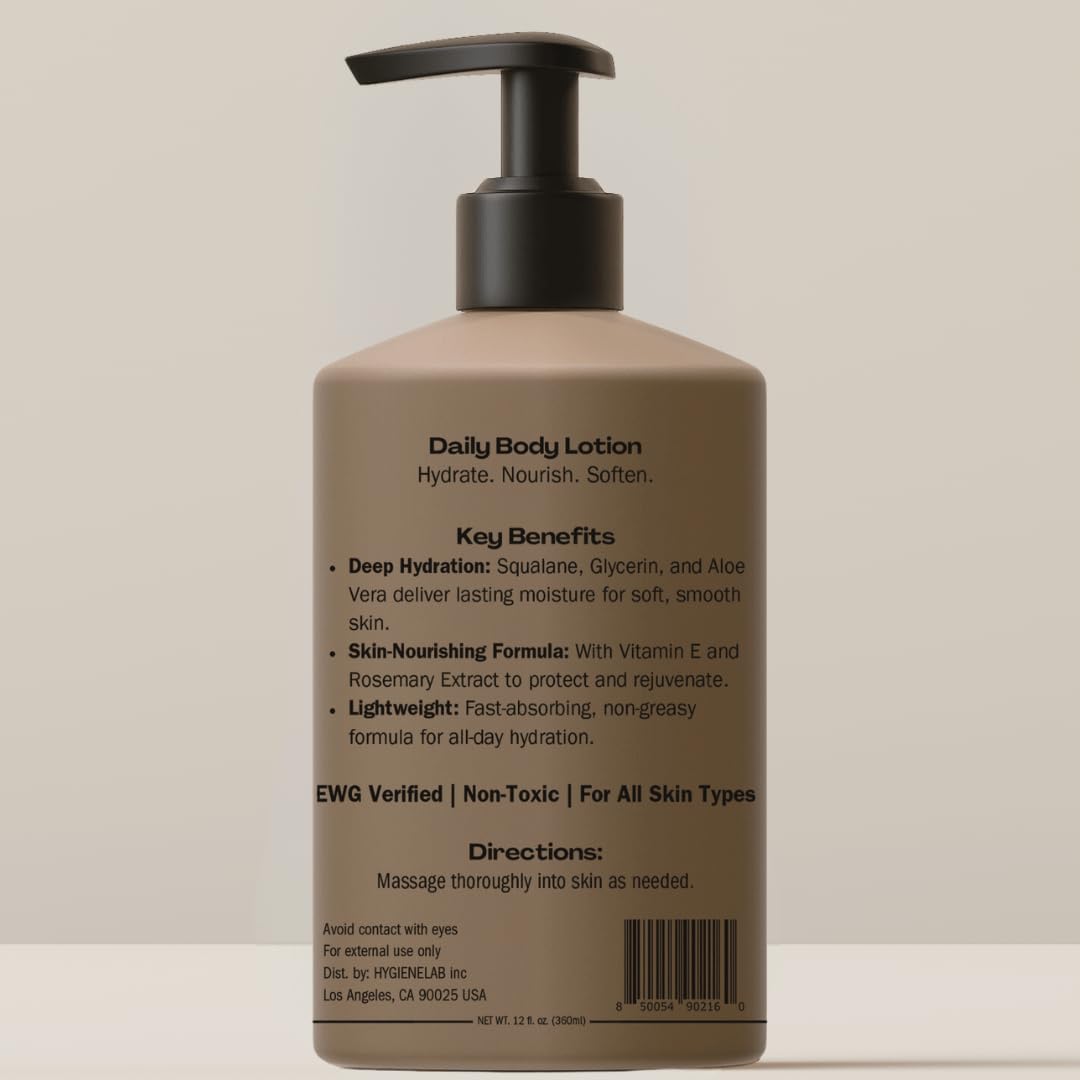 HygieneLab Body Lotion for Men – EWG Verified, Ultra Hydrating, Non-Toxic, Fast-Absorbing, Fragrance-Free, Unscented, Paraben-Free, Sulfate-Free, Daily body lotion for Dry Skin & Sensitive Skin, 12oz