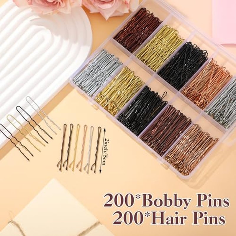 400 Pcs Bobby Pins Set, 2 Inch Hair Pins for Women Girls and U-Shaped Pins for Buns, 5 Colors Brown Blonde Black Styling Pins With Storage Box