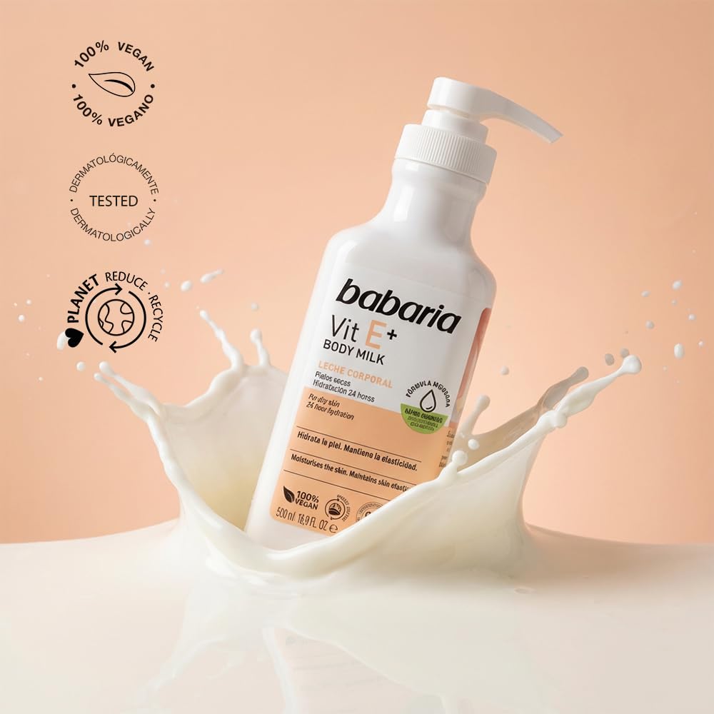 Babaria Vitamin E Body Milk - Moisturizing Body Lotion for Women and Men - Dry Skin Body Cream - Boosts Collagen Production - Light Texture - 2 pc