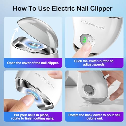 Electric Nail Clipper with LED Light & 3 Speeds, Fingernail Cutter and Polisher 2 in 1 Design, Nail Scraps Storage Rechargeable Safety Fingernail Trimmer for Baby Seniors and Adult