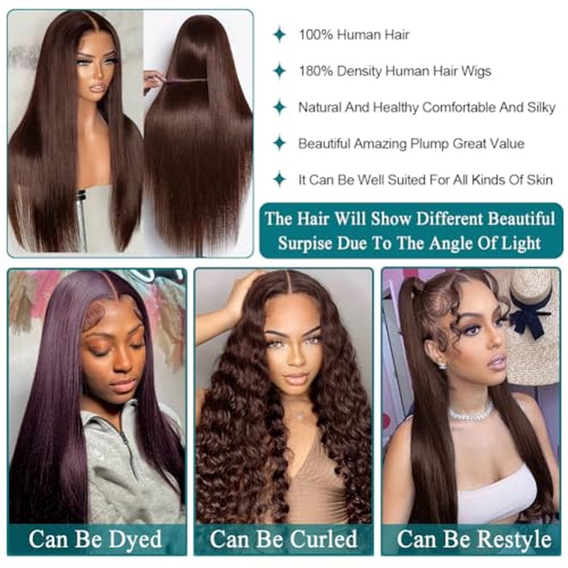26 Inch brown Straight Lace Front Wigs Human Hair 13x6 HD Transparent Lace Front Wigs for Women Brazilian Virgin Hair Lace Frontal Wig 180% Density Pre Plucked with Baby Hair Hairline Natural Color