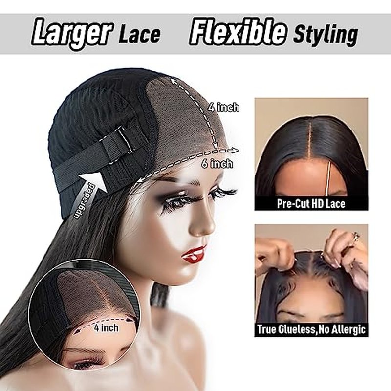 Wear and Go Glueless Bob Wig Human Hair Straight, 6x4 Pre-Cut HD Lace Front Glueless Wigs Pre-Plucked, Transparent Lace Closure Wigs for Women 180% Density 16 inch