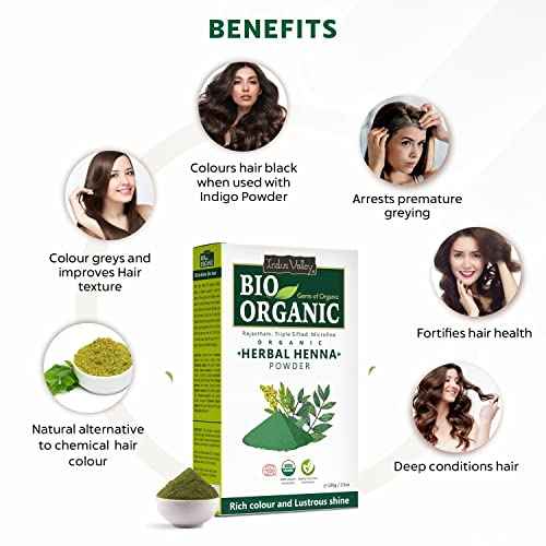 INDUS VALLEY Bio Organic Herbal Henna Powder (100g), 100% Pure Henna Hair Colour, 100% Natural Hair Dye Chemical-Free, Nourishing, Conditions & Strengthens Hair, Adds Shine