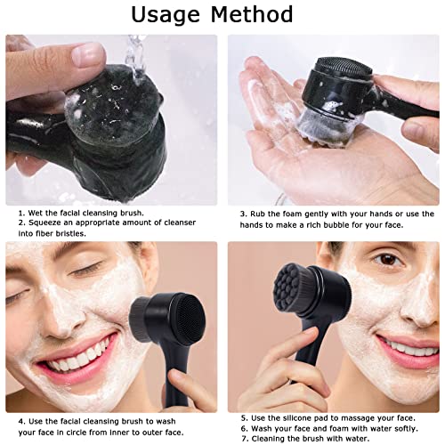 Face Brush 2 in 1, Facial Cleansing Exfoliating Scrubber Brush, Silicone Double Side Manual Face Wash Scrub Brush with Soft Bamboo Charcoal Fiber for Deep Pore Cleansing, Massaging, Skin Care