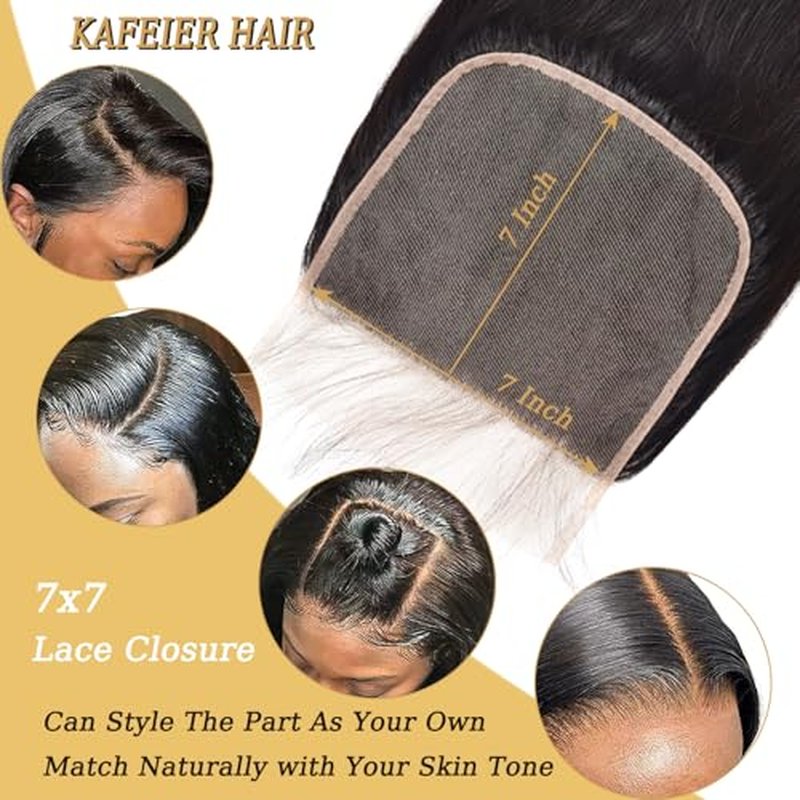 7x7 Transparent Closure Straight 100% Unprocessed Human Hair Virgin Remy Human Hair Free Part Pre-Plucked With Baby Hair Natural Hairline Natural Black Color 20 Inch