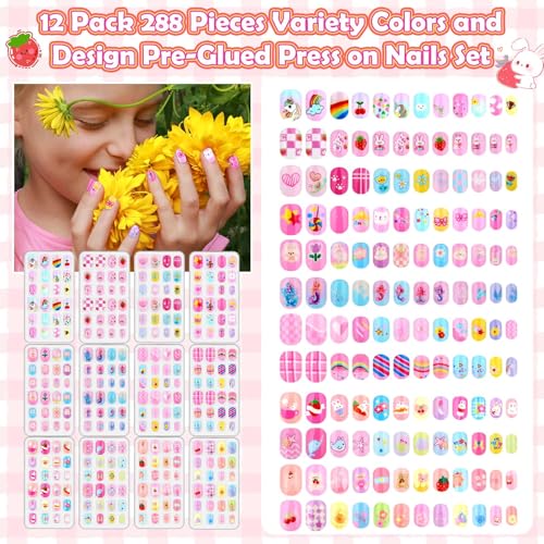 288 Pieces Kids Nails Press ons for Girls, Acejoz Fake Nail Set Pre Glue Stick on Short Nails for Children Little Girls 8-12 Year Nail Art Decoration