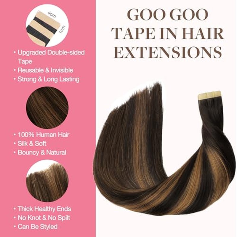 GOO GOO Tape in Hair Extensions Human Hair, 2/30/2 Balayage Expensive Brunette, 24inch 50g 20pcs, Skin Weft Seamless Invisible, Silky Straight with Thick Ends, Remy Human Hair