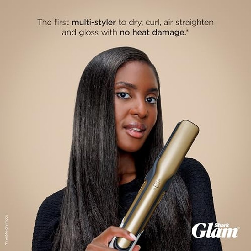 Shark Glam Ceramic & Powerful Air Styling & Drying System, with Silki Straightener & Shark Glossi Air Glosser, for Drying, Curling, Straightening & Glossing, Gold, HD6051S (Straight & Wavy Hair)
