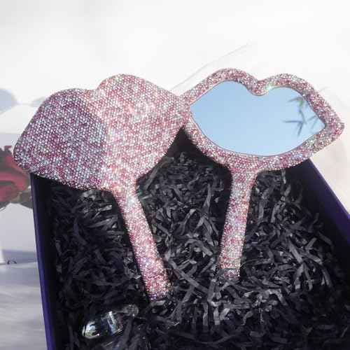 Rhinestone Mirror Handheld Lip Lash Mirrors Sparkle Travel Makeup Mirror with Handle Cosmetic Dazzling Portable for Women, Pink