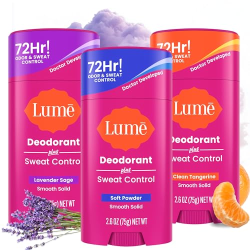 Lume Deodorant Plus Sweat Control - Smooth Solid Stick - Maximum Strength Antiperspirant - 72 Hour Odor And Sweat Control - Baking Soda Free - 2.6 ounce (Lavender Sage, Clean Tangerine & Soft Powder)