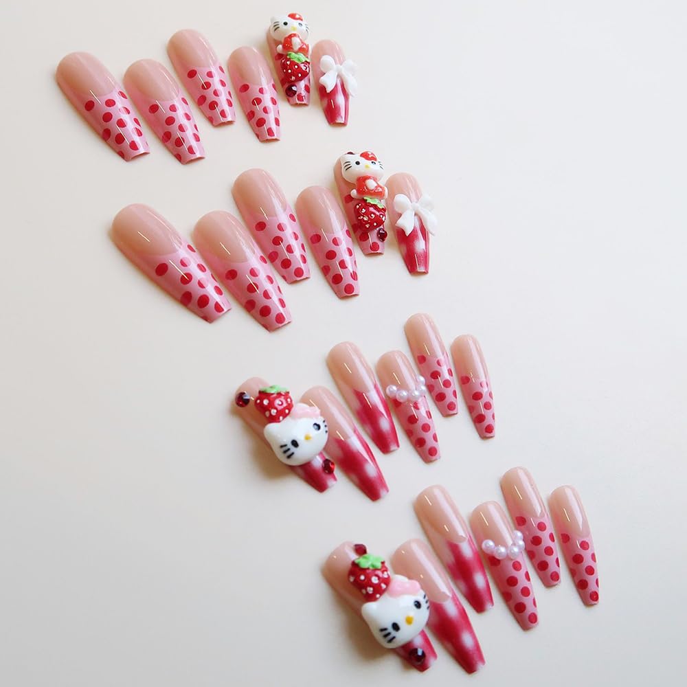 Cute Press on Nails Long Coffin Fake Nails with Glue Strawberry Bow Cat Nail Charms Design Cartoon Acrylic Nails for Women DIY 24Pcs Full Cover French Tip False Nails