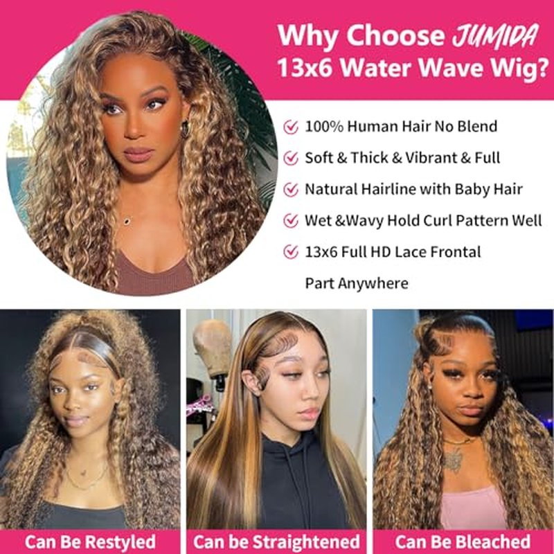 20 Inch Honey Blonde Ombre Highlight 13x6 Full Lace Frontal Wigs Human Hair 200 Density Water Wave 13x6 HD Transparent Lace Front Wigs Pre Plucked #4/27 Colored Human Hair Wig for Women
