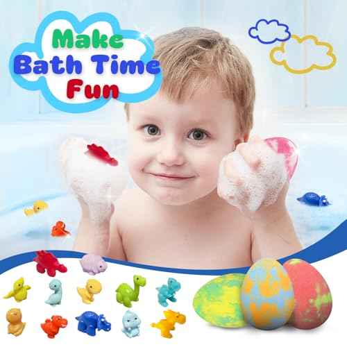 Bath Bombs for Kids with Surprise Toys Inside, 12 Pack Natural Dino Egg Bath Bombs with Dinosaur Suction Cup Toys, Bubble Bath Fizzers Ball Gift Set for Boys Girls Birthday, Summer Fun