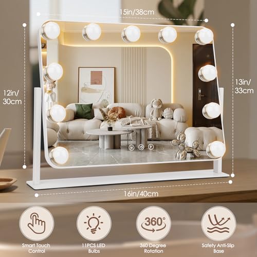 360¡Æ Vanity Mirror with Lights 11 Led Bulbs Hollywood Lighted Makeup Mirror with 5X Magnification Mirror Hollywood Cosmetic Mirror Tabletop Makeup Mirror with 3 Lighting Modes 16x13 Inch